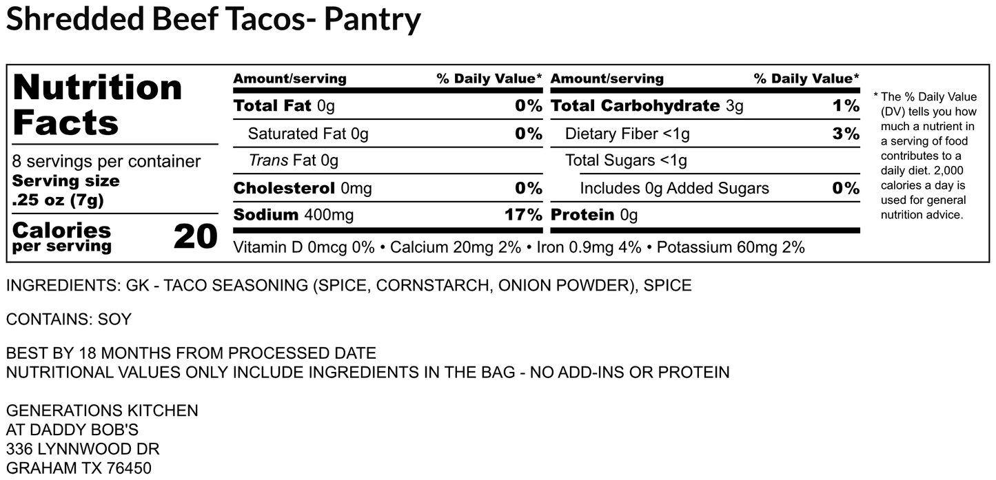 Shredded Beef Tacos Dry Mix